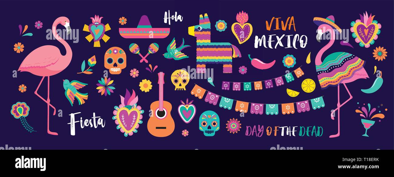 Symboles mexicains, icônes et illustrations. Vector collection de design coloré pour le Cinco de Mayo, Fiesta et le Jour des morts Illustration de Vecteur