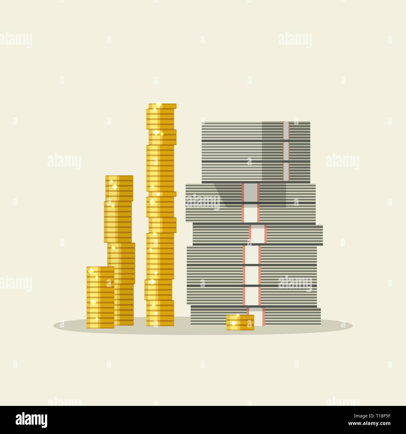 Des piles de dollars et des pièces en euros Illustration de Vecteur