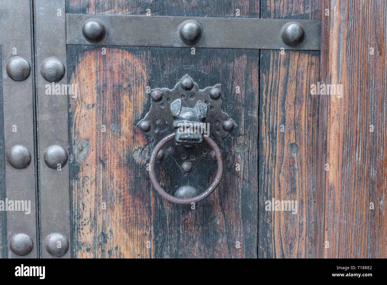 Vieille porte en bois historique avec raccords en fer lourd, Allemagne Banque D'Images