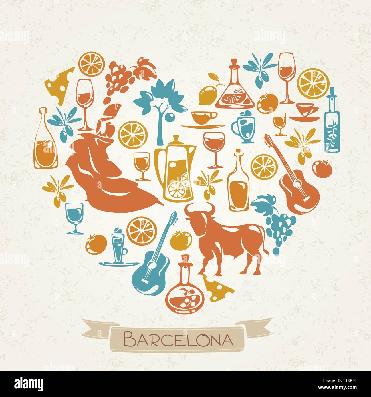 J'aime vecteur conception de Barcelone avec des symboles de la culture espagnole. Illustration de Vecteur