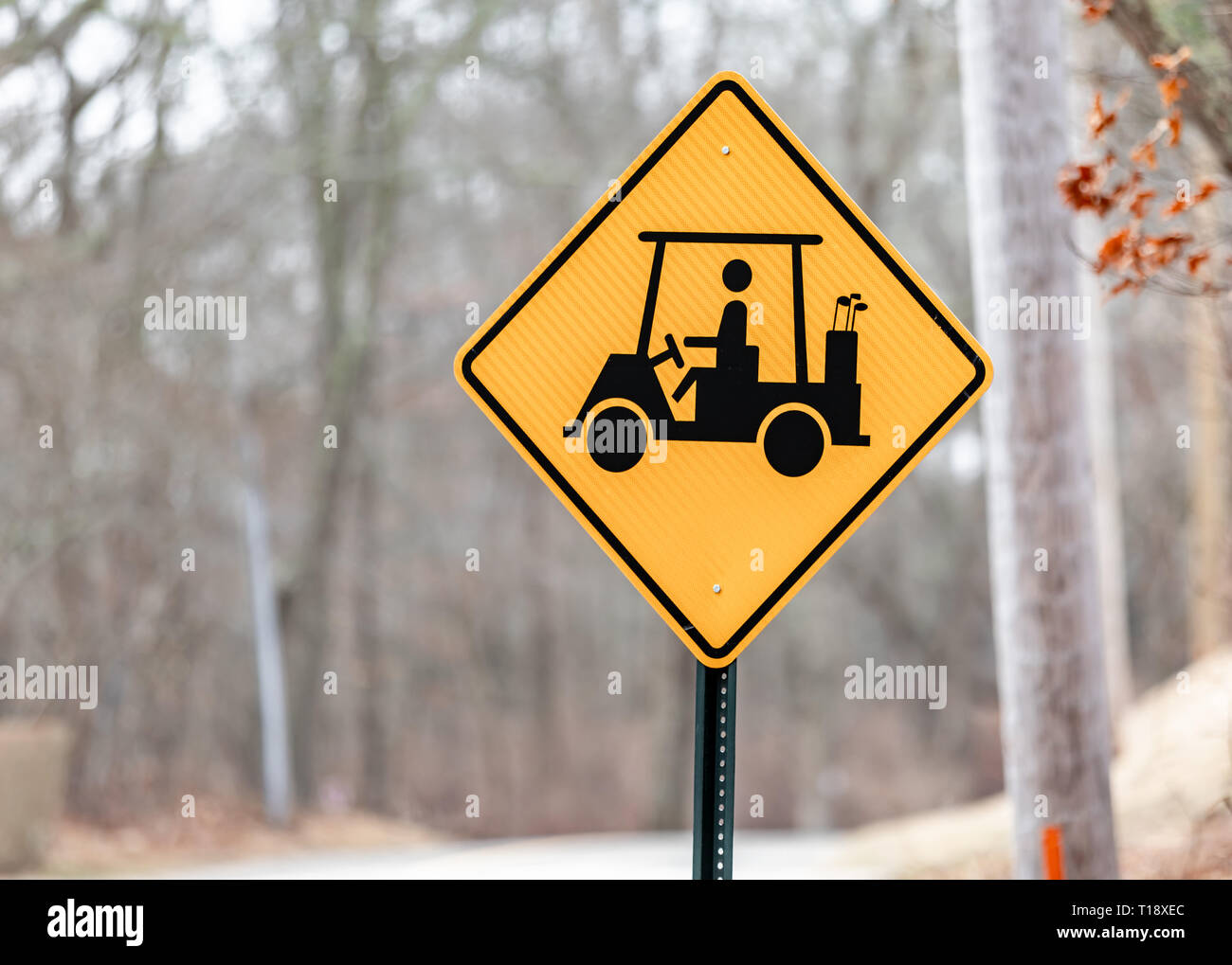 Panneau de signalisation jaune et noir représentant une voiturette de golf et un golfeur Banque D'Images