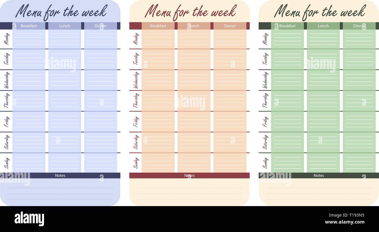 Plan de repas pour la semaine. Couleur 3 options de menu pour la semaine. modèle de journal intime de nourriture. Illustration de Vecteur