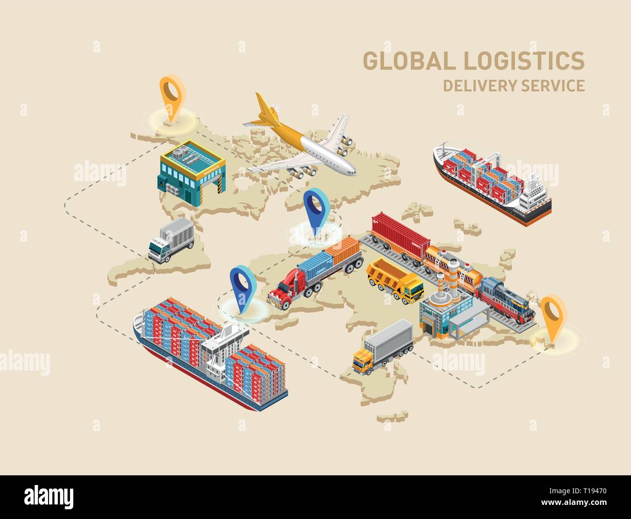 Schéma global de logistique avec points de destination Illustration de Vecteur