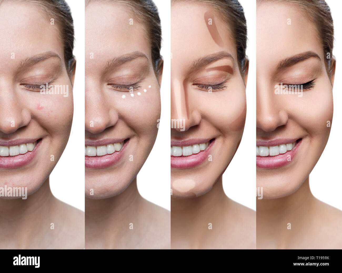 Collage of woman applying makeup étape par étape. Banque D'Images