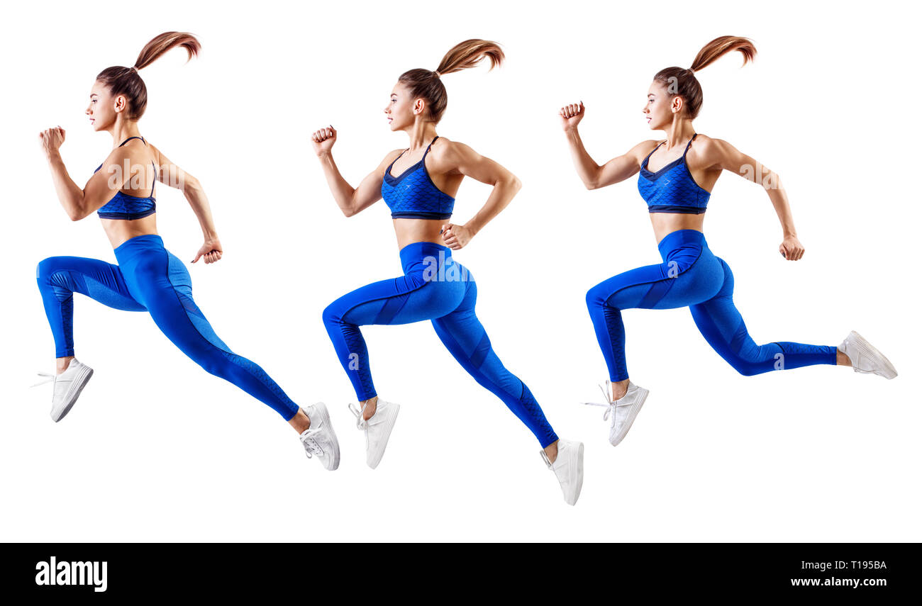 Jeune femme en bleu runner sportswear sauter dans l'air. Banque D'Images