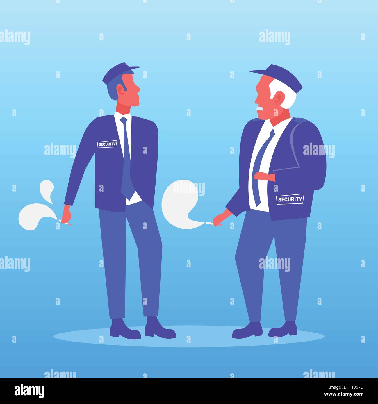 Deux agents de sécurité cigarette vie malsain concept deux hommes en uniforme ayant briser ensemble homme plein de personnages de dessins animés Illustration de Vecteur