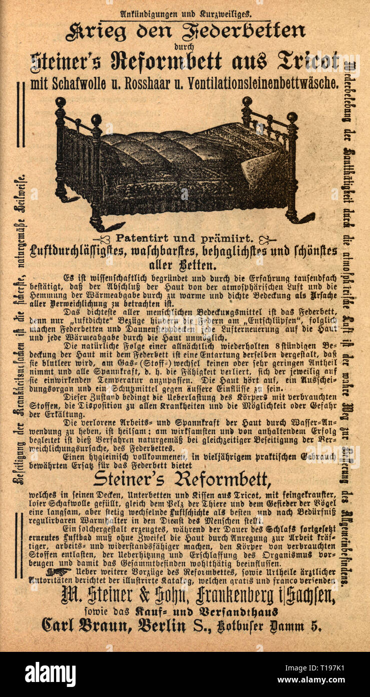 La publicité, mobilier, lit réforme 'M. Steiner & Sohn', Frankenberg, publicité, à partir de : 'Kneipp-Kalender» 1892 (calendrier), Kneipp éditeur : Sebastian Kneipp, deuxième volume, 6e édition, 1892, Kempten, Additional-Rights Clearance-Info-Not-Available- Banque D'Images