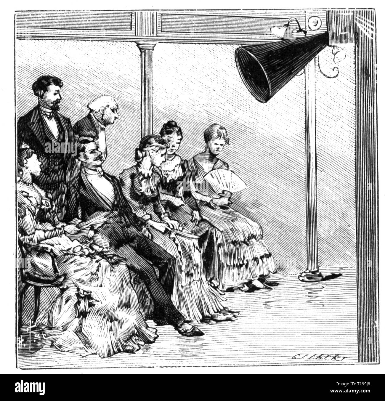 La diffusion, début, la transmission d'un concert par téléphone à New York, les auditeurs dans le Massachusetts, gravure sur bois, 1892, Additional-Rights Clearance-Info-Not-Available- Banque D'Images