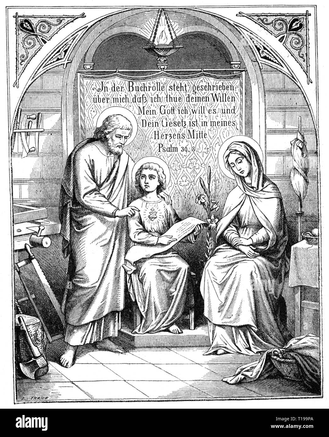 La religion, le christianisme, Jésus Christ, des scènes de sa vie, "Sainte Famille", gravure sur bois, par L.Traub, 19e siècle, l'artiste n'a pas d'auteur pour être effacé Banque D'Images