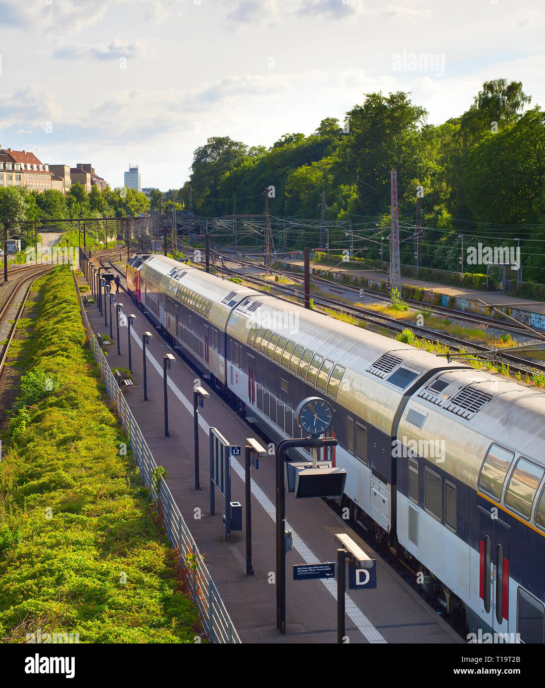 Ville de Copenhague en train arrivant à quai sous le pont, le vert paysage d'été à soleil du soir, Copenhague, Danemark Banque D'Images