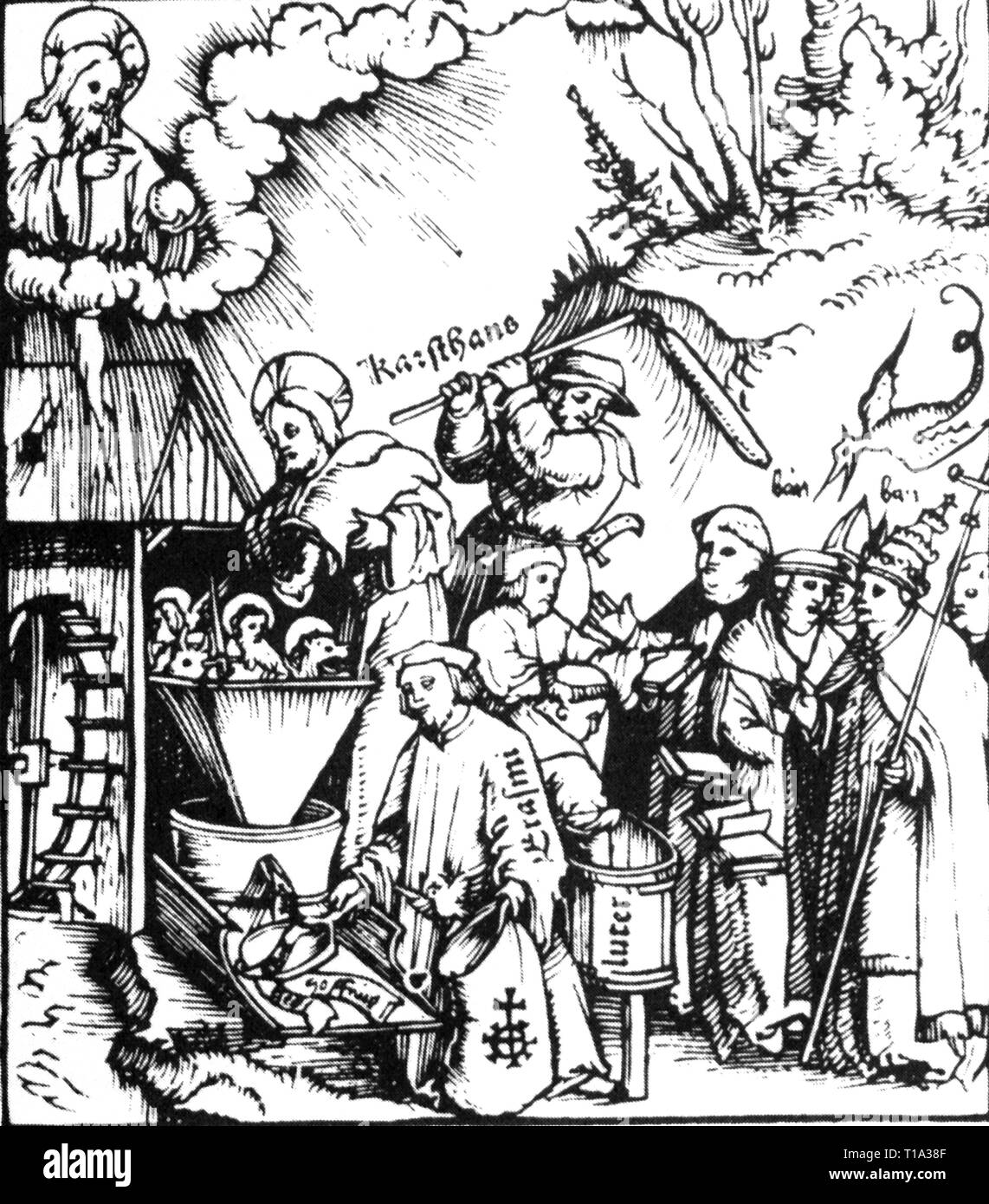 La religion, réforme / vente des indulgences, 'The Divine Mill', gravure sur bois, pour la brochure de Martin Seger (vers 1470 - 1534) / Hans Fuessli (1477 - 1538), d'imprimer : Christoph Froschauer l'Aîné, Zurich, 1521, Additional-Rights Clearance-Info-Not-Available- Banque D'Images
