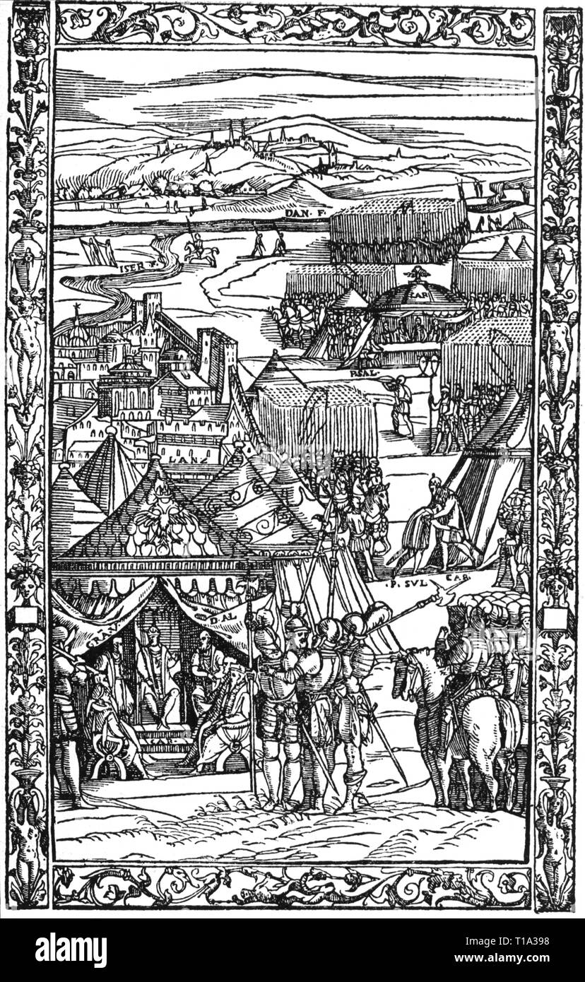 Lansquenets, militaire, armée impériale pendant un siège de la ville italienne, gravure sur cuivre, de : Antonio Francesco Oliviero, 'La' Alamanna, imprimer : Vincenzo Valgrisi, Venise, 1567, copyright de l'artiste n'a pas à être effacée Banque D'Images