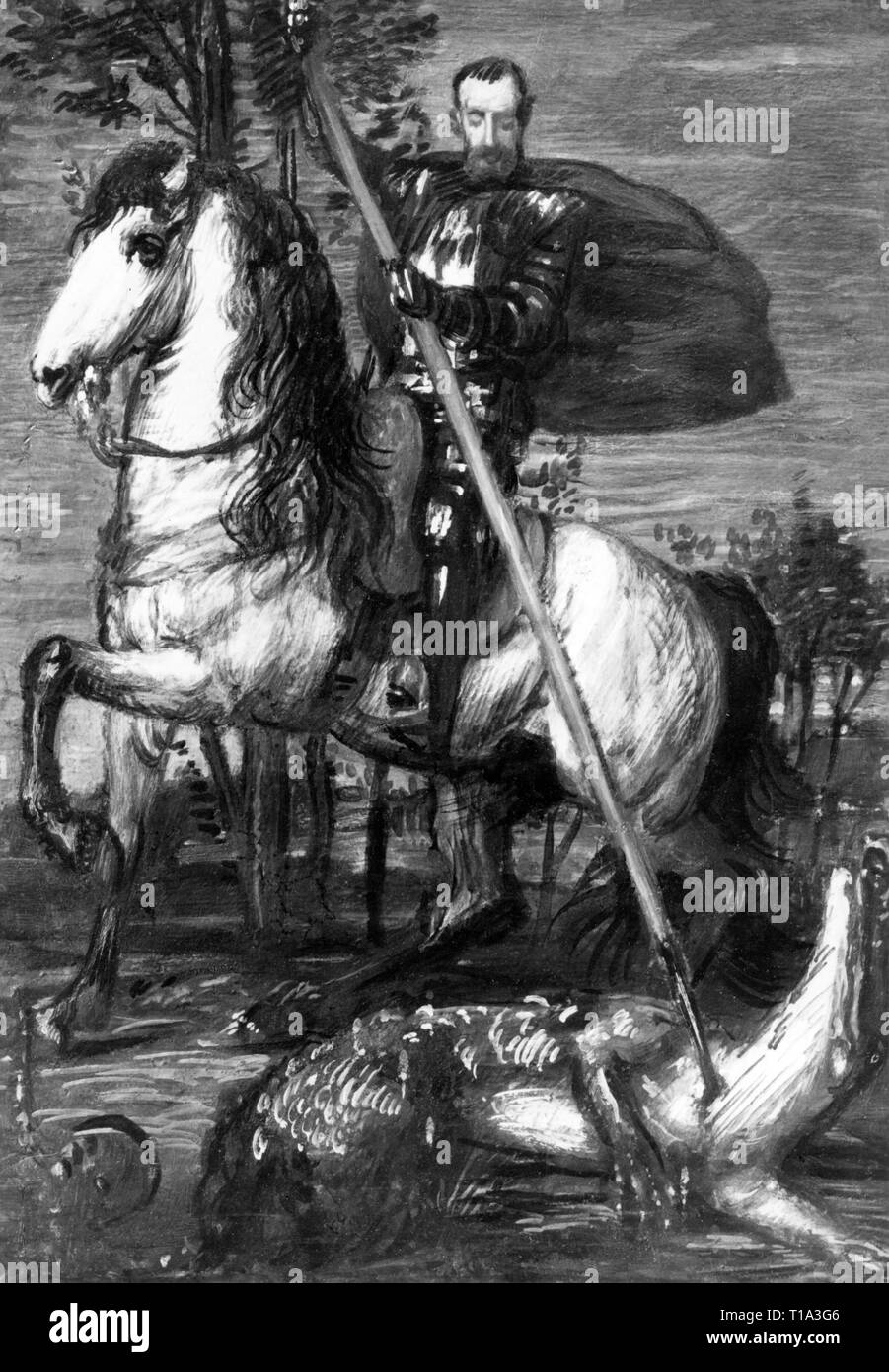 La religion, le christianisme, saint, Saint George, "Drachentoeter' (Le Dragonslayer), peinture, par Hans von Marees (1837 - 1887), 1880, l'ancienne Galerie Nationale, Berlin, l'artiste n'a pas d'auteur pour être effacé Banque D'Images