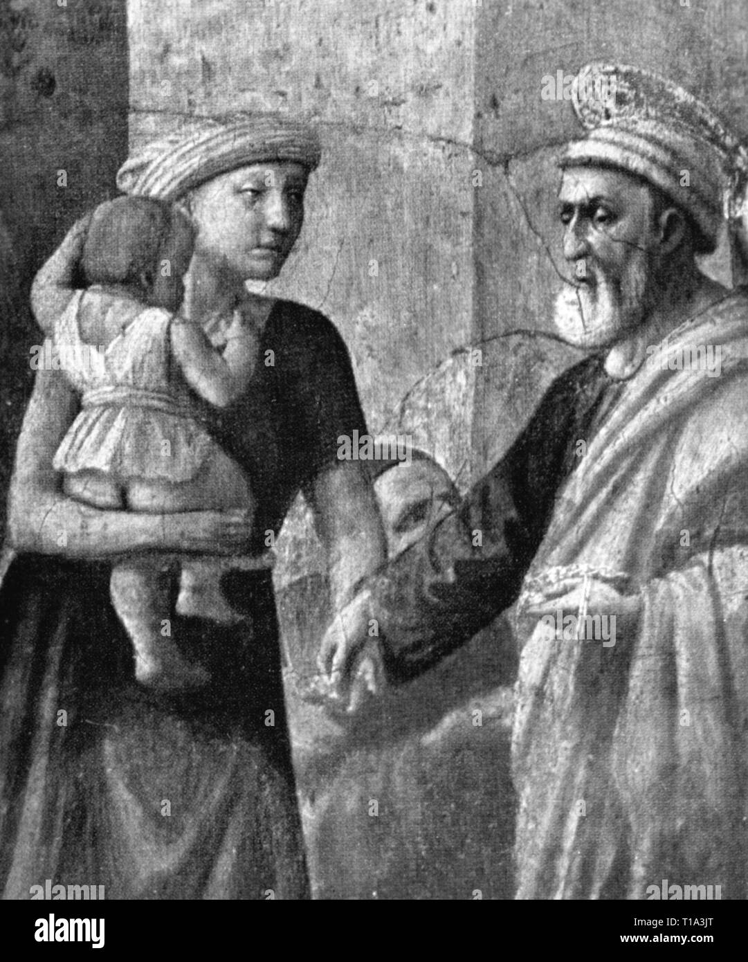 La religion, le christianisme, saint, Peter, la distribution de pittances, peinture, de Masaccio (1401 - 1428), détail, 1425, fresque, chapelle Brancacci, Florence, auteur de l'artiste n'a pas à être effacée Banque D'Images