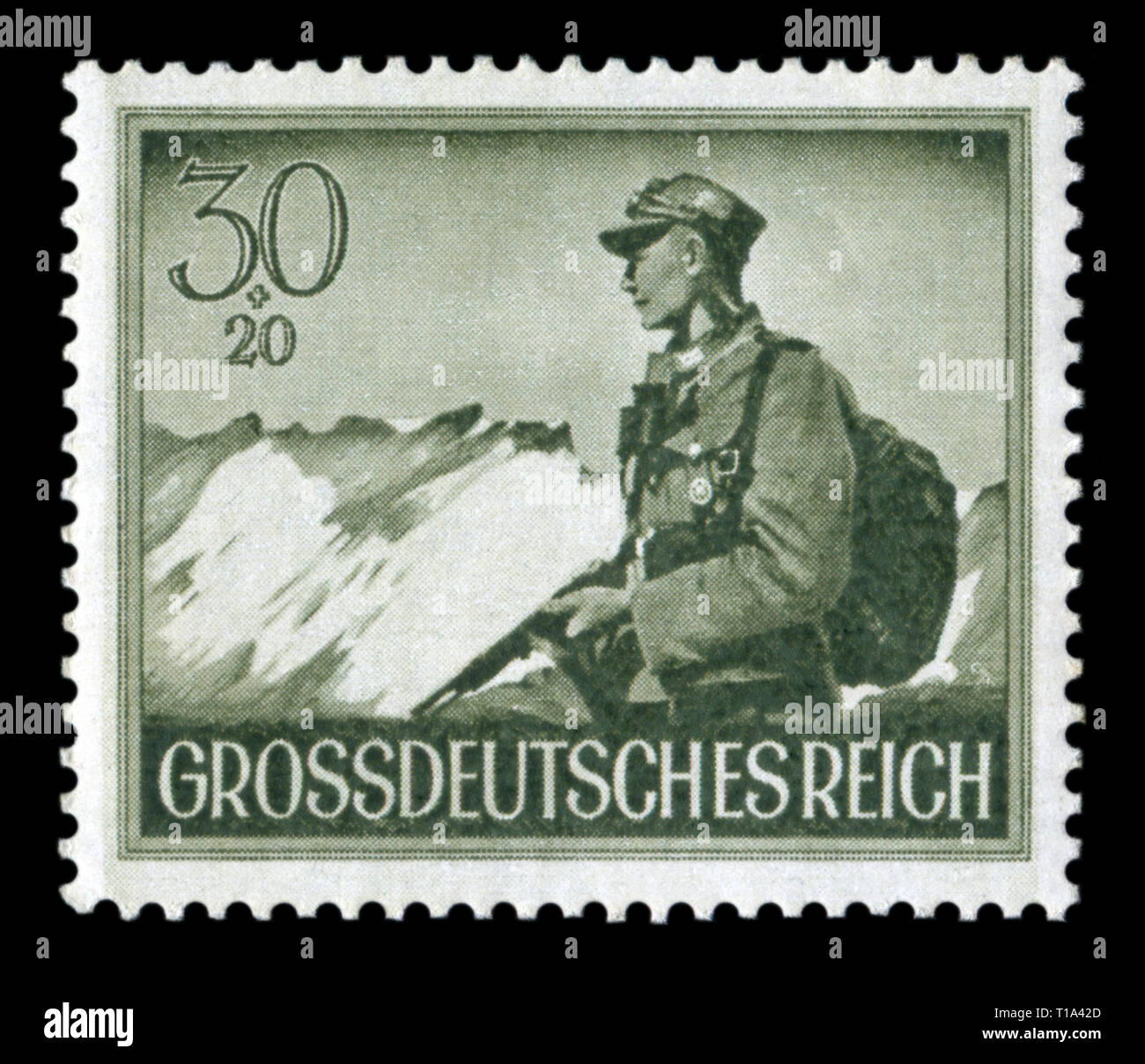 Timbre historique allemand : un soldat de l'infanterie de montagne Edelweiss. Journée de commémoration des soldats tombés, numéro 1944, Allemagne Banque D'Images