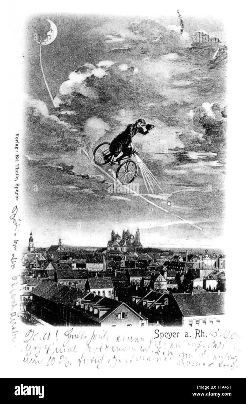 Géographie / historique de voyage, en Allemagne, les villes et les collectivités, Speyer, vue sur la ville, photographie composite, une femme monte sur un vélo en bas de la lune, photo, carte postale editeur Eduard Theile, vers 1900, Additional-Rights Clearance-Info-Not-Available- Banque D'Images