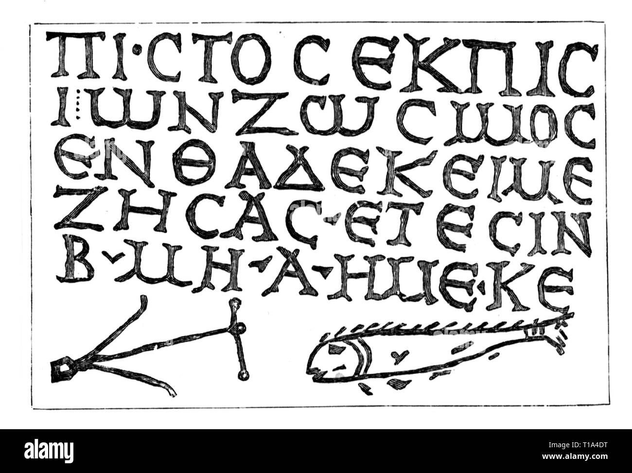 La religion, le christianisme, la persécution des Chrétiens, inscription avec ancre et poissons, catacombes, Additional-Rights Clearance-Info, Rom--Not-Available Banque D'Images