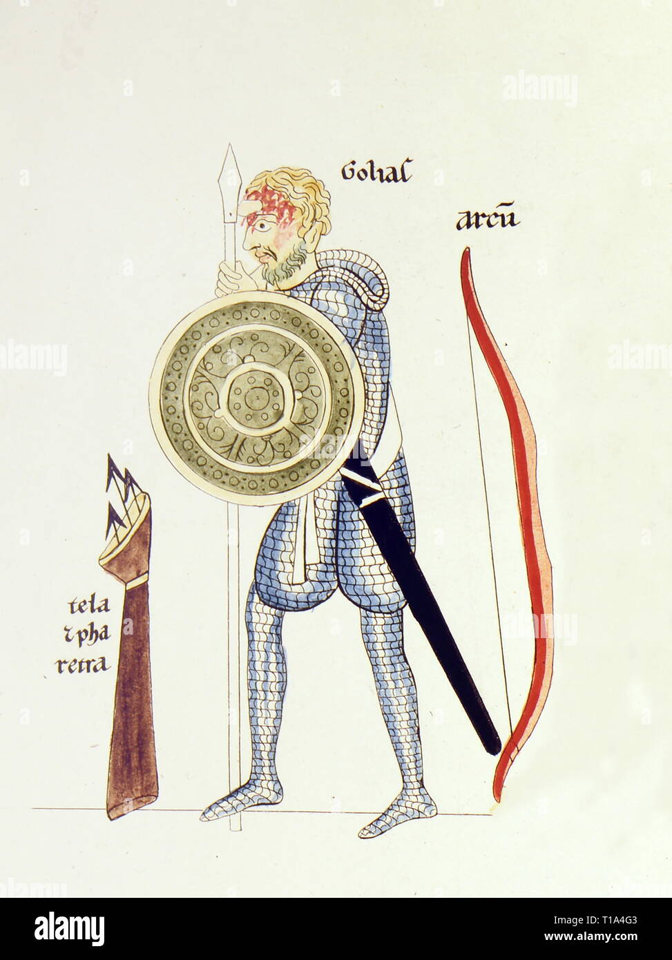 La religion, scène biblique, Goliath, frappé à la tête, de couleur gravure sur cuivre par Christian Moritz Engelhardt, 1818, détail, basé sur miniature, Hortus deliciarum de Herrad de Landsberg, vers 1180, Musée national de Bavière, Munich, l'artiste n'a pas d'auteur pour être effacé Banque D'Images