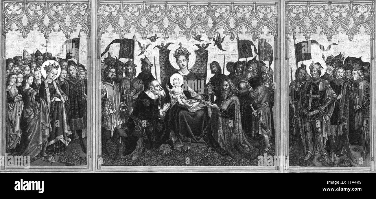 La religion, le christianisme, Jésus Christ, Nativité, le retable des Trois Rois, adapté de peinture, par Stephan Lochner (circa 1400 / 1410 - 1451), 1445, gravure sur bois, 19e siècle, l'artiste n'a pas d'auteur pour être effacé Banque D'Images