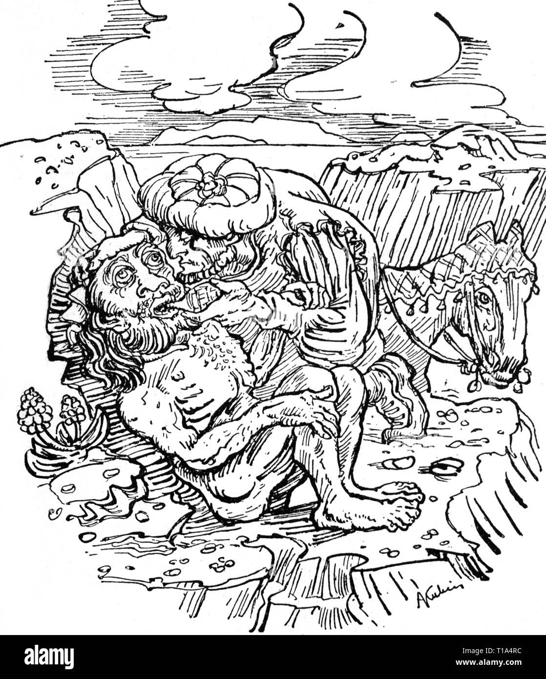 La religion, le christianisme, Jésus Christ, parabole, le Samaritain miséricordieux, dessin, par Alfred Kubin (1877 - 1959), 20e siècle, l'artiste n'a pas d'auteur pour être effacé Banque D'Images