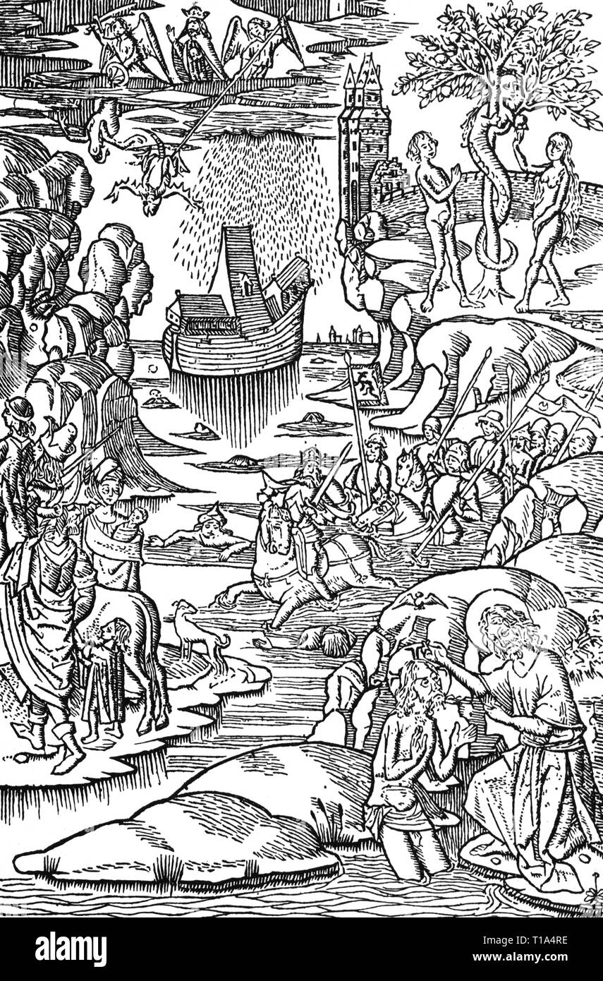 La religion, l'histoire, scène biblique de la rédemption, gravure sur bois, de : 'Der Sonderentroest', imprimez : Jacob Bellaert, Haarlem, 1484, copyright de l'artiste n'a pas à être effacée Banque D'Images