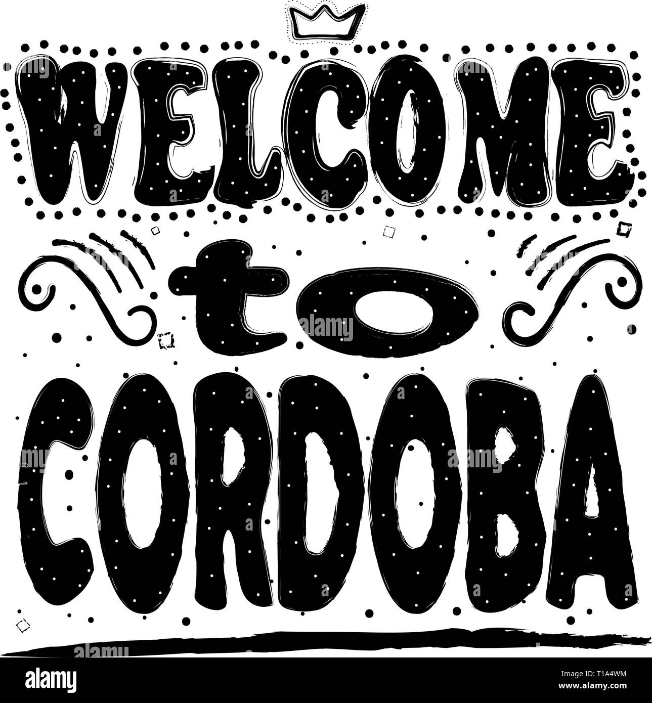 Bienvenue à Cordoue. Est une ville de l'Andalousie, Espagne du sud, et la capitale de la province de Córdoba. Dessin à la main, isoler, lettrage, typographie, Illustration de Vecteur