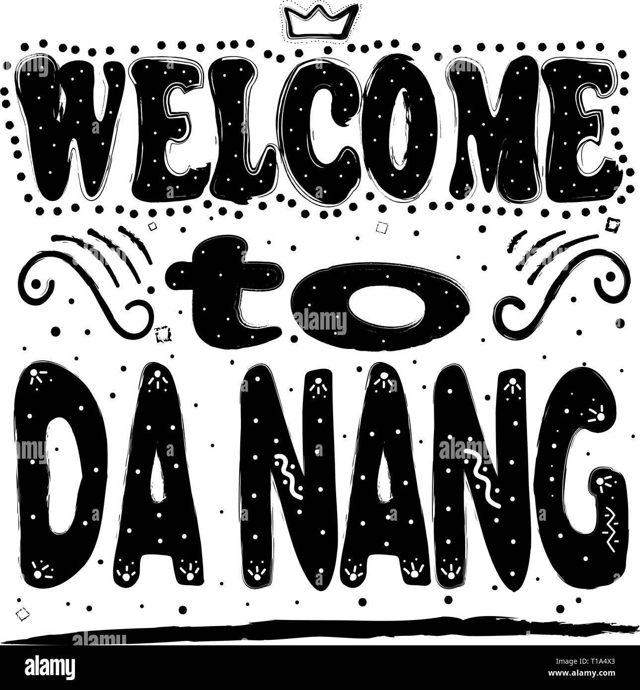 Bienvenue à Da Nang. Est la quatrième plus grande ville du Vietnam après Ho Chi Minh ville (Saigon) , Hanoi et Haiphong main dessin, isoler, lettering. Illustration de Vecteur