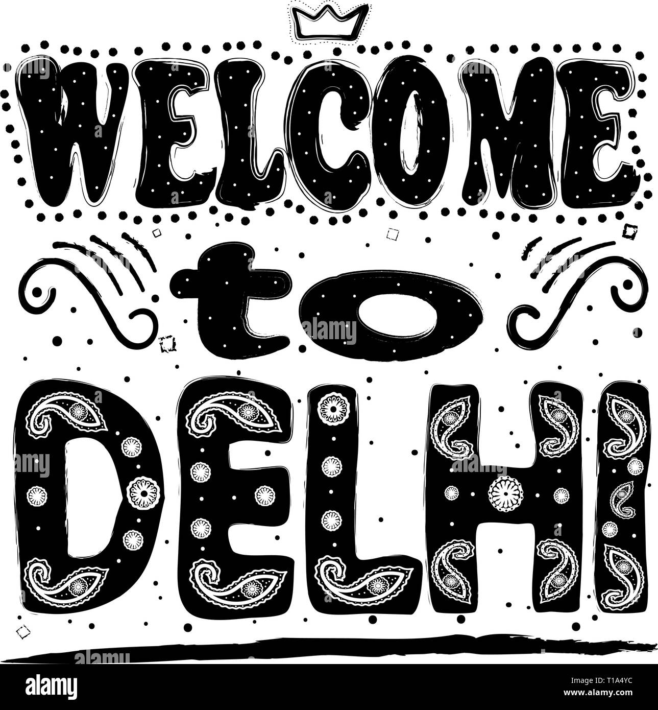 Bienvenue à Delhi. Est une ville et un territoire de l'union de l'Inde. Dessin à la main, isoler, lettrage, typographie, font la transformation, Scribble. Pour les affiches, cartes Illustration de Vecteur