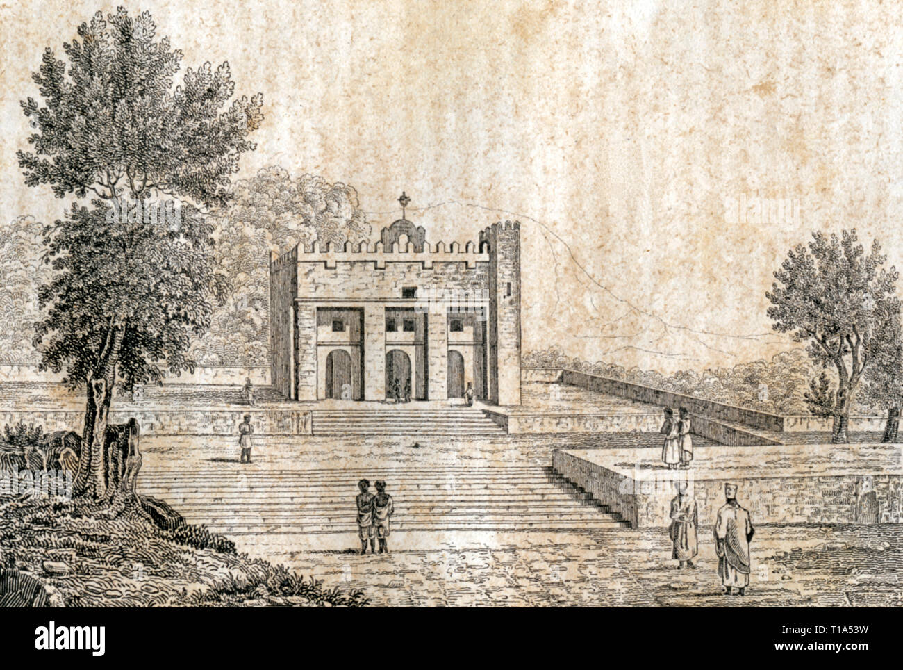 L'Éthiopie, d'Axoum, église, gravure sur acier de : 'Welt-Gemälde-Gallerie oder Geschichte und Beschreibung aller Länder und ihrer Völker, Gebräuche, Religionen, Sitten u.f.m.', (l'histoire du monde, la description tous les pays et les peuples, leurs mœurs et coutumes), Stuttgart, publié par Schweizerbart, vers 1840., l'artiste n'a pas d'auteur pour être effacé Banque D'Images