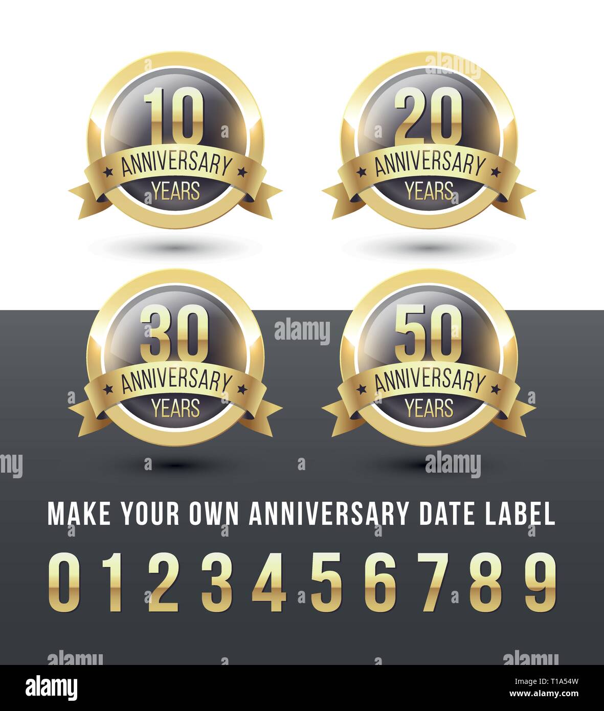 Date d'anniversaire d'or des étiquettes avec des bannières de ruban. Round vector icons set. Illustration de Vecteur