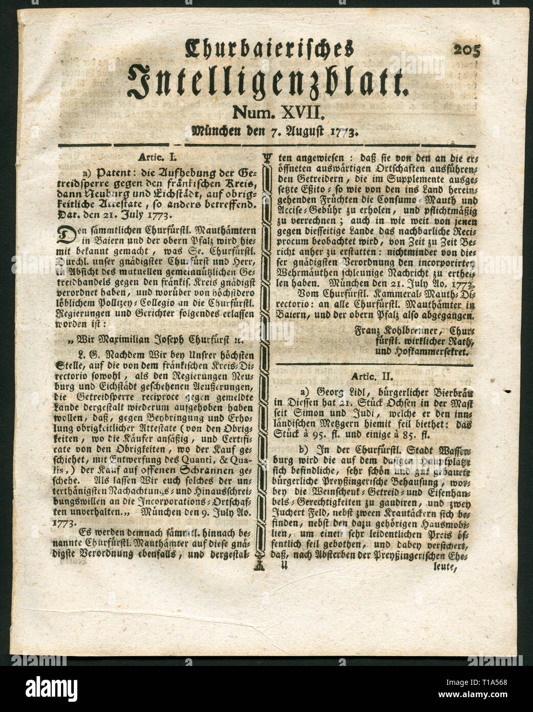 Allemagne, Munich, Bavière, journal historique avec le titre 'Churbaierisches Intelligenzblatt', Num. XVII., 7.8.1773, Additional-Rights Clearance-Info-Not-Available- Banque D'Images