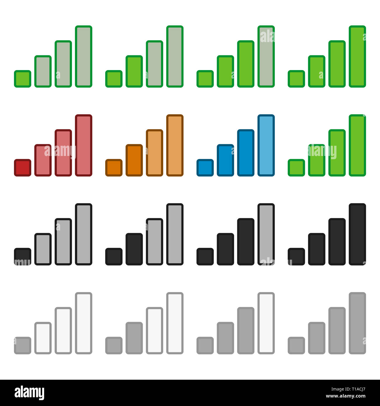 Indicateur de puissance du signal situé dans diverses couleurs. Symboles pour connexion à Internet sans fil, pas de signal, mauvais, antenne-en ligne thèmes hors ligne Banque D'Images