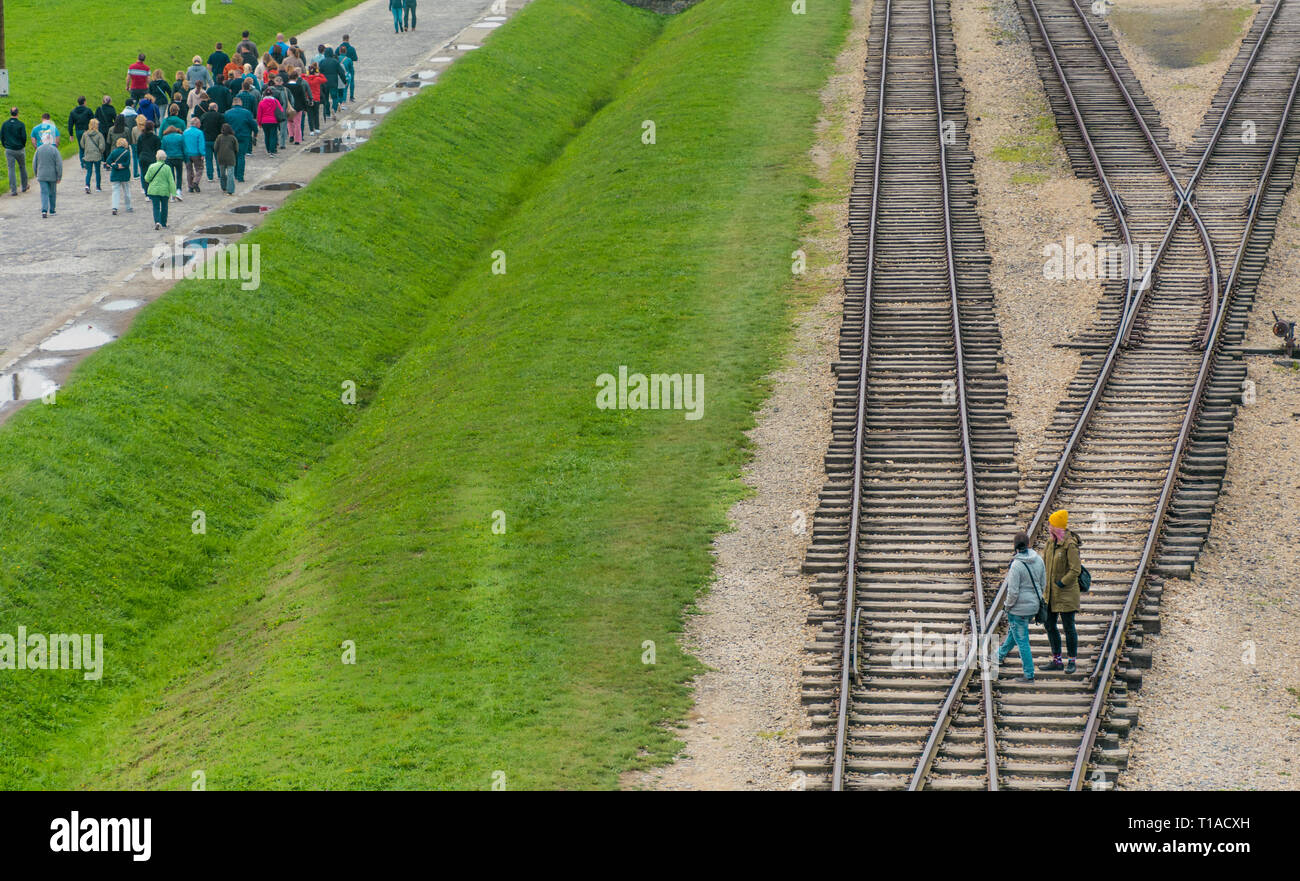 Oswiencim, Pologne - 21 septembre 2019 : Des groupes de touristes à pied le long de la ligne où les wagons sont arrivés avec les prisonniers de Birkenau. Banque D'Images