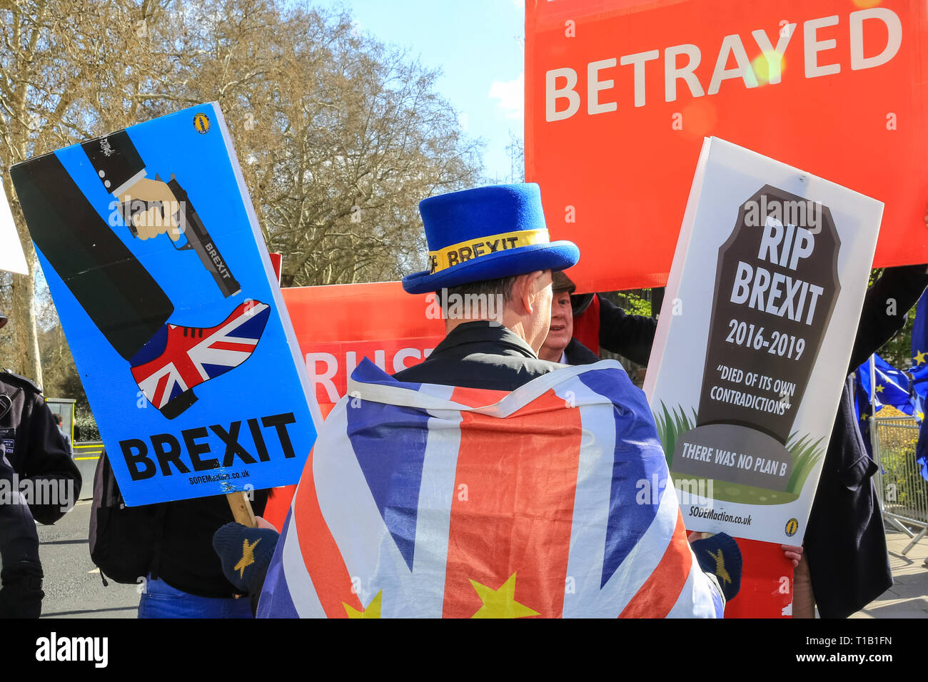 Westminster, London, UK, le 25 mars 2019. Pro- et Anti-Brexit chant protestataires et fulminer à l'autre à l'extérieur du Parlement de Westminster, sur une autre journée mouvementée d'incertitude politique autour Brexit. Credit : Imageplotter/Alamy Live News Banque D'Images