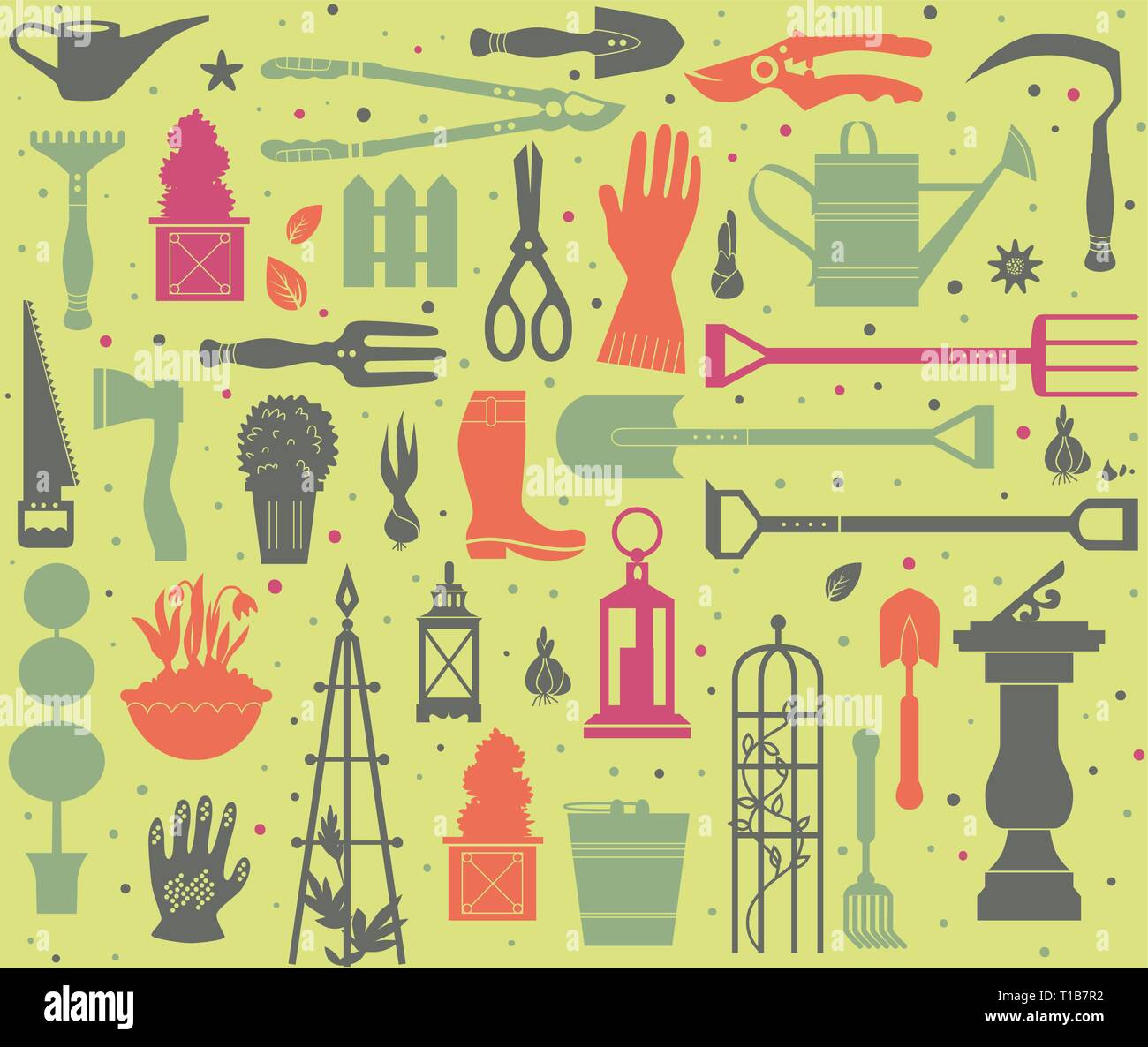 Vector set d'outils de jardinage. Équipements de l'agriculture pour la conception. Silhouettes d'articles de jardin et des plantes. Modèle sans décor. Illustration de Vecteur