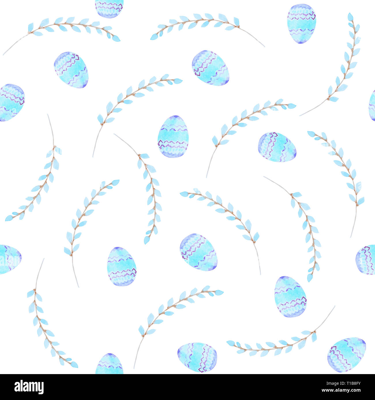 Modèle sans couture avec œuf et feuilles bleu, vacances de Pâques Banque D'Images