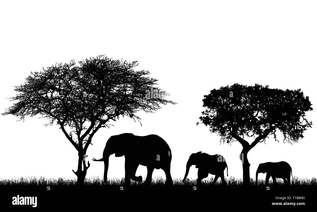 Illustration réaliste du paysage avec des arbres en safari africain. Une famille de trois éléphants avec un bébé rendez-vous dans l'herbe - vector Illustration de Vecteur