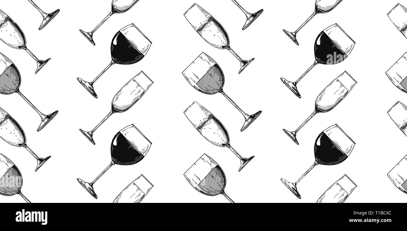 Modèle sans couture avec différentes lunettes. Champagne et vin. Vector Illustration de Vecteur