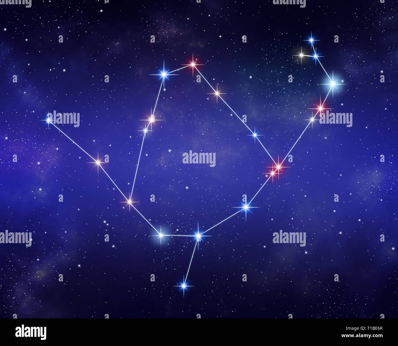 Ophiuchus et Serpens constellations fusionnées sur un arrière-plan de l'espace étoilé. Taille relative et nuances de couleurs d'étoiles basé sur l'étoile spectrale Banque D'Images