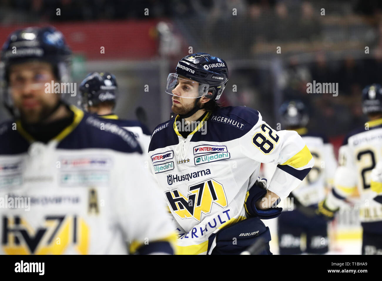 LINKÖPING 20180203 HV:s nr 82 Kevin Stenlund sous matchen i SHL mellan Linköpings HC-HV71 Saab j'arena. Foto Jeppe Gustafsson Banque D'Images