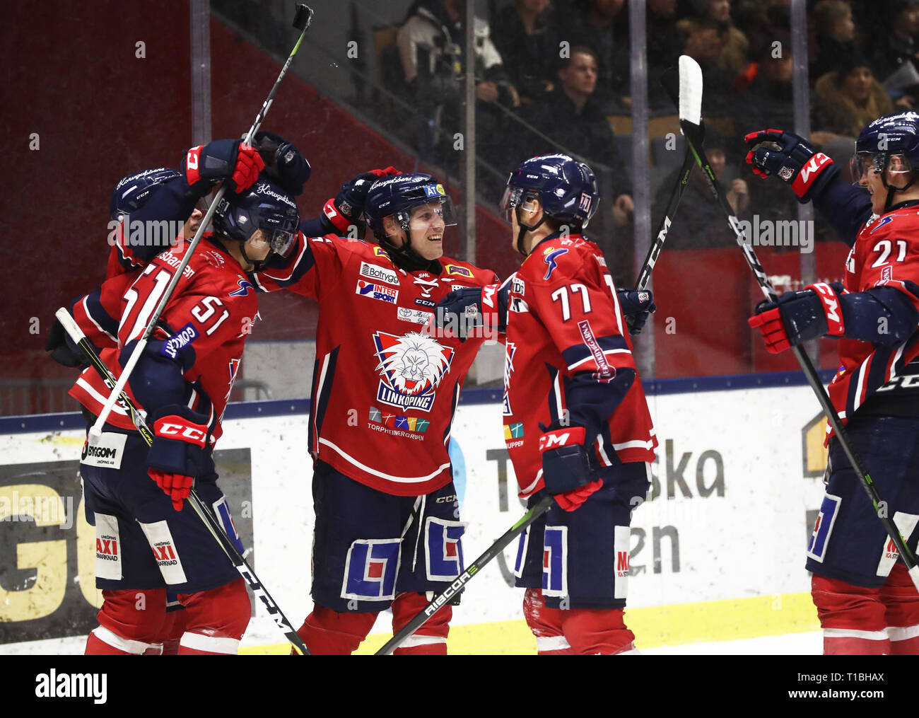 LINKÖPING 20180203 Linköpings nr 46 Mathis Olimb jublar efter matchen mål sous i SHL mellan Linköpings HC-HV71 je Saab arena. Foto Jeppe Gustafsson Banque D'Images