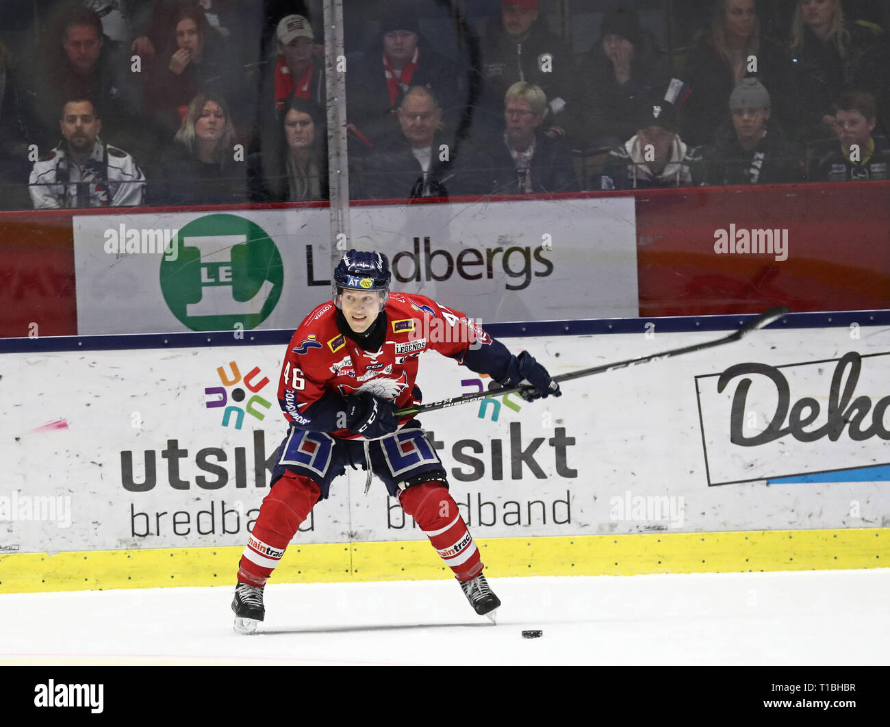 LINKÖPING 20180203 Linköpings nr 46 Mathis Olimb sous matchen i SHL mellan Linköpings HC-HV71 Saab j'arena. Foto Jeppe Gustafsson Banque D'Images