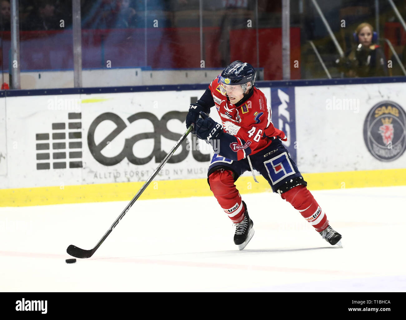 LINKÖPING 20180203 Linköpings nr 46 Mathis Olimb sous matchen i SHL mellan Linköpings HC-HV71 Saab j'arena. Foto Jeppe Gustafsson Banque D'Images