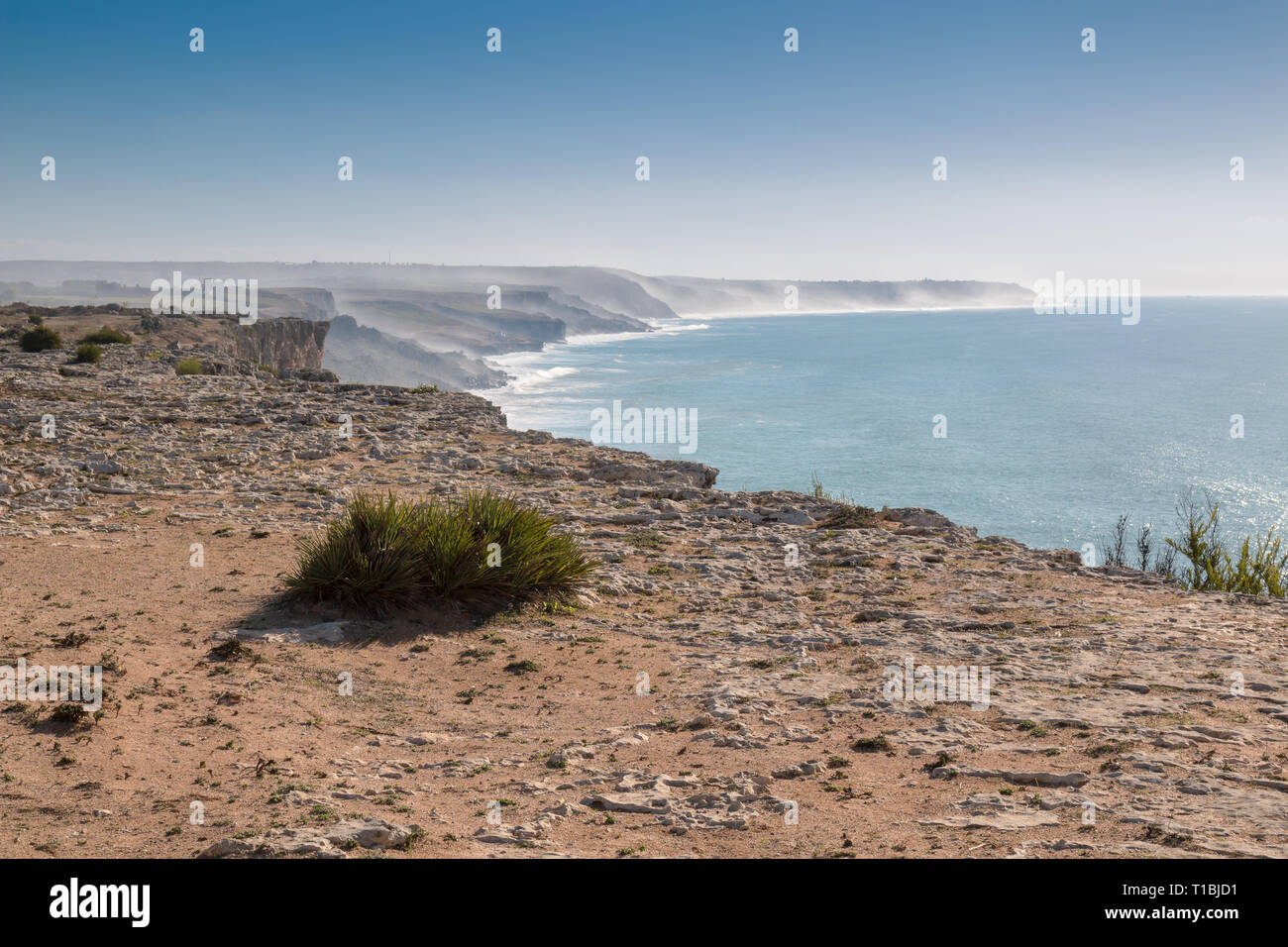 Vue du bord de la falaise de l'autre les falaises, en partie caché dans un brouillard au cours d'une marée haute. Automne bleu ciel. Horizon de l'océan Atlantique. Banque D'Images