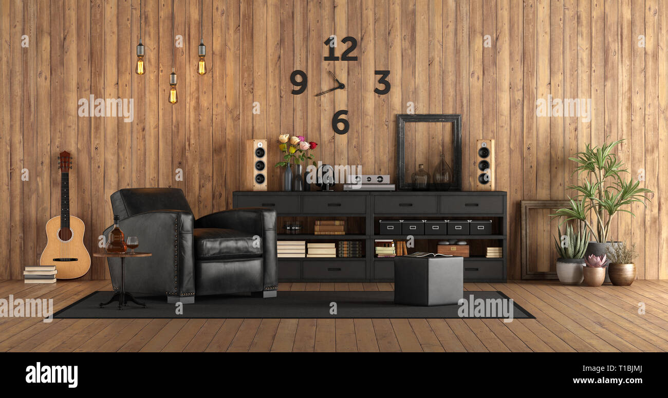 Salon de style rustc avec équipement audio, mobilier en bois - guitare sur mur de rendu 3D Banque D'Images