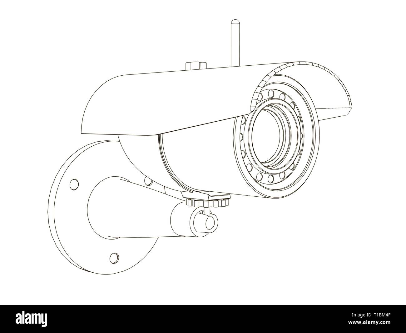 Contour de la caméra de surveillance. L'icône de CCTV lignes noires sur fond blanc. Vue isométrique. Vector illustration Illustration de Vecteur