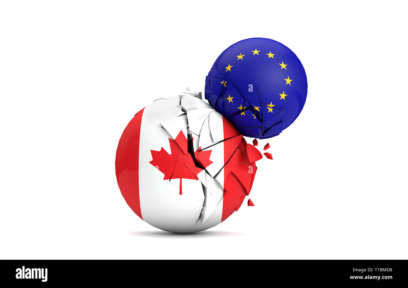 Le Canada et l'Union européenne les balles smash politique ensemble. 3D Render Banque D'Images