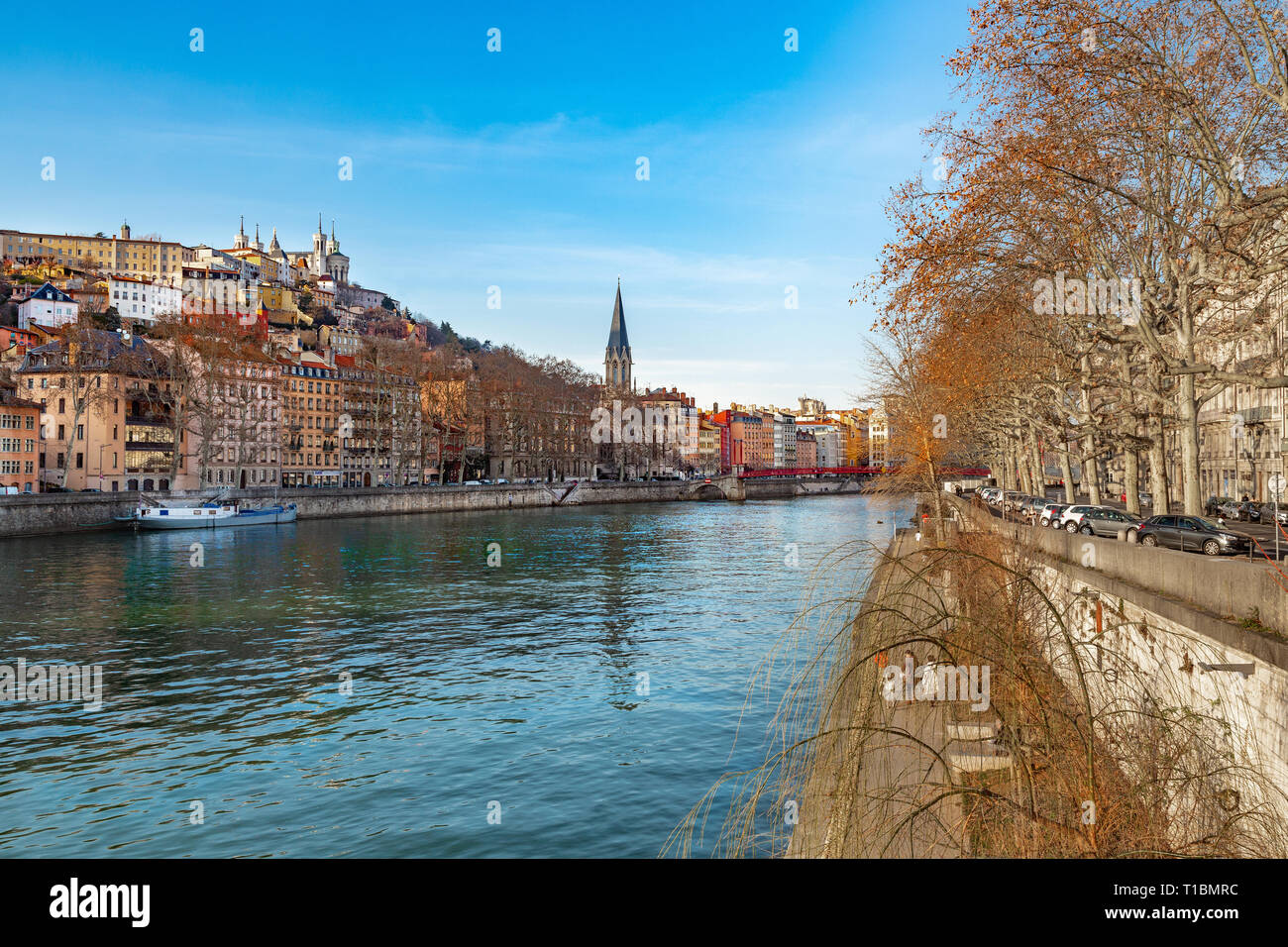 Vue de la colline de Fourvière, le Vieux Lyon et les berges de la Saône. Lyon. France Banque D'Images