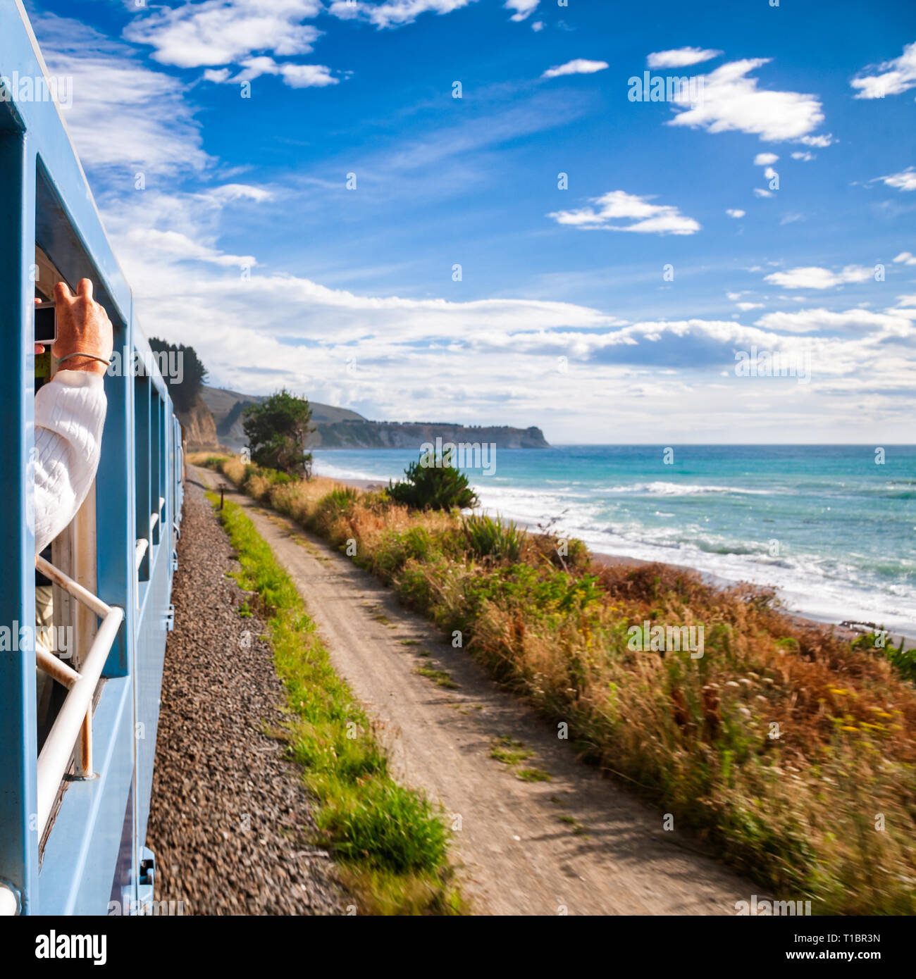 Trajet en train le long de la côte de l'océan Pacifique dans la région ont de Canterbury, île du sud de la Nouvelle-Zélande Banque D'Images