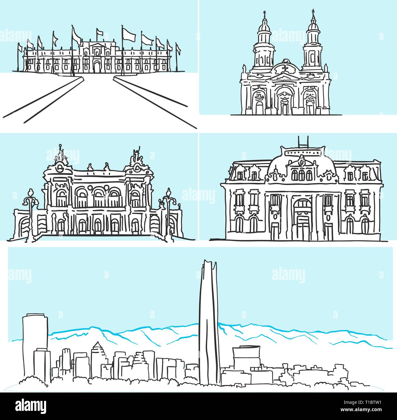 Santiago Chili célèbre architecture dessins à la main. Contour vectoriel croquis. Illustration de Vecteur